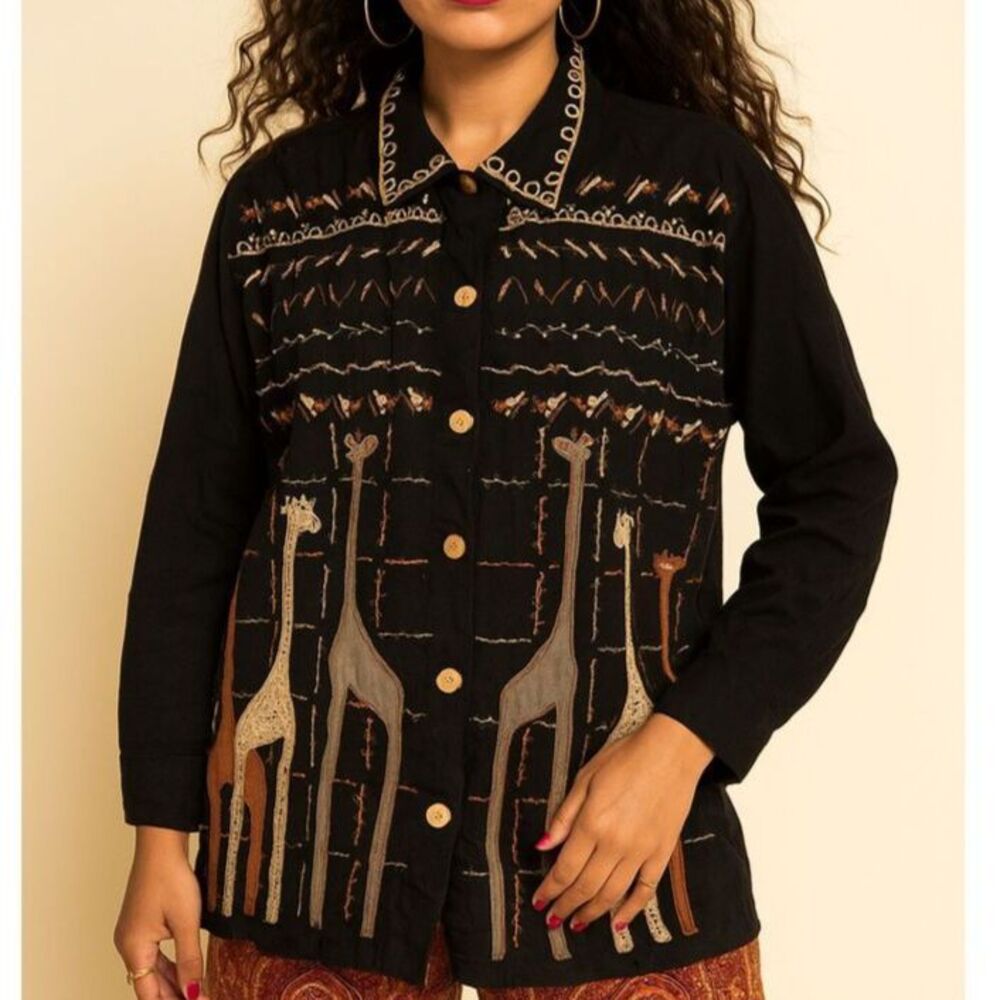 Vtg Whimsical Giraffe Embroidered Button Down Shirt Sz 2X Black Funky Boho